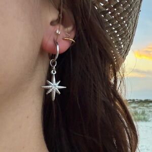 Sterling Silver Starburst Drop Hoop Earrings